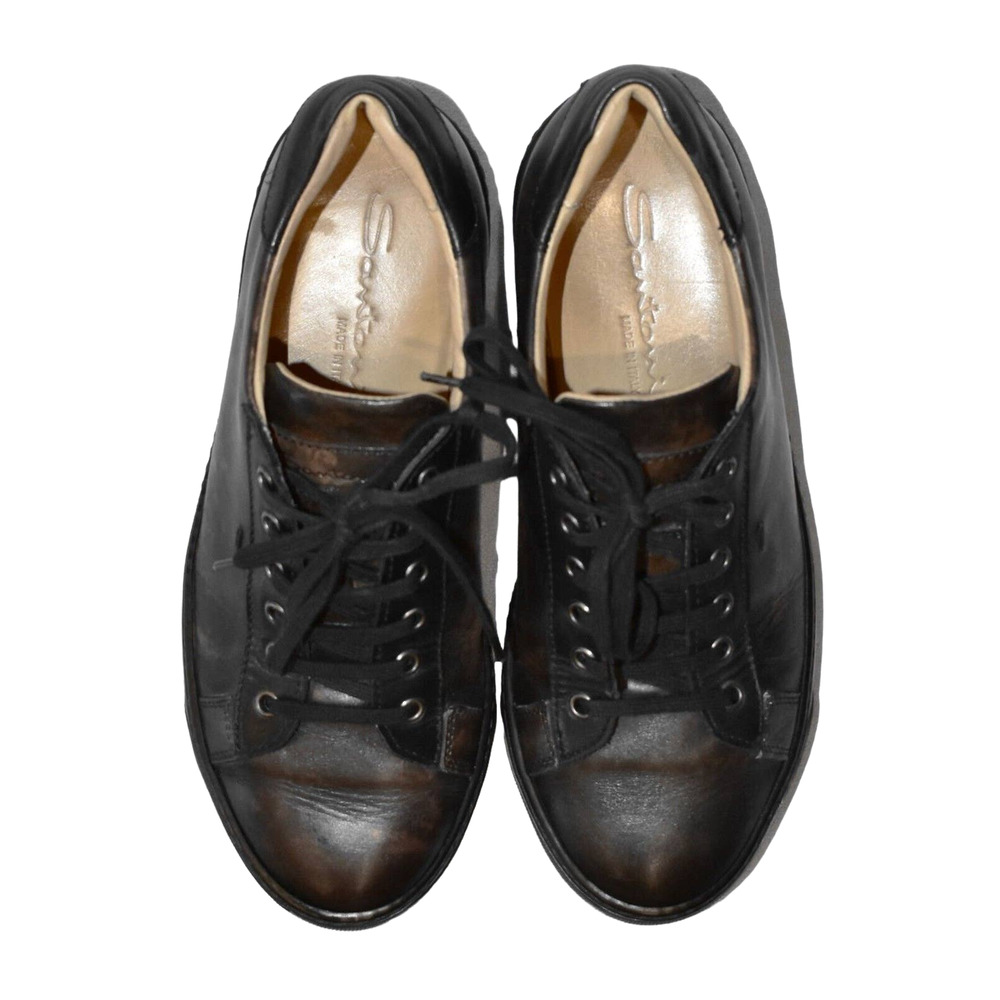 C0 Auth SANTONI Dark Brown Calfskin Leather Low Top Sneaker Shoes Sz 7.5 US 8.5 - Picture 3 of 9